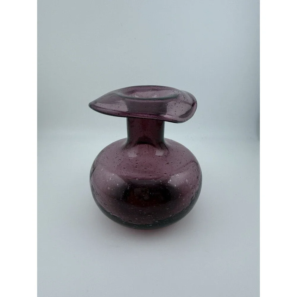 Vintage Hand Blown Small Folded Rim Purple Glass Bud Vase 4.5
